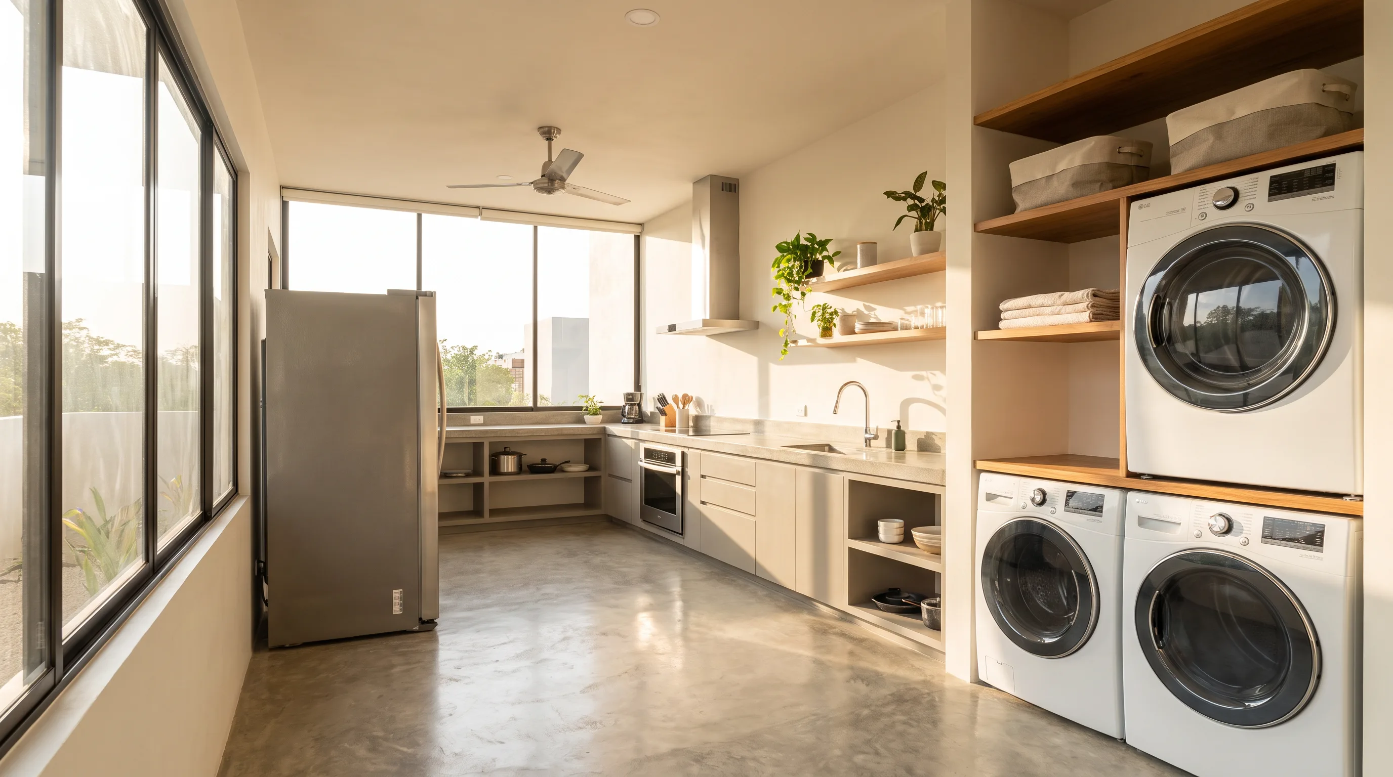 Wide bright kitchen and laundry area
