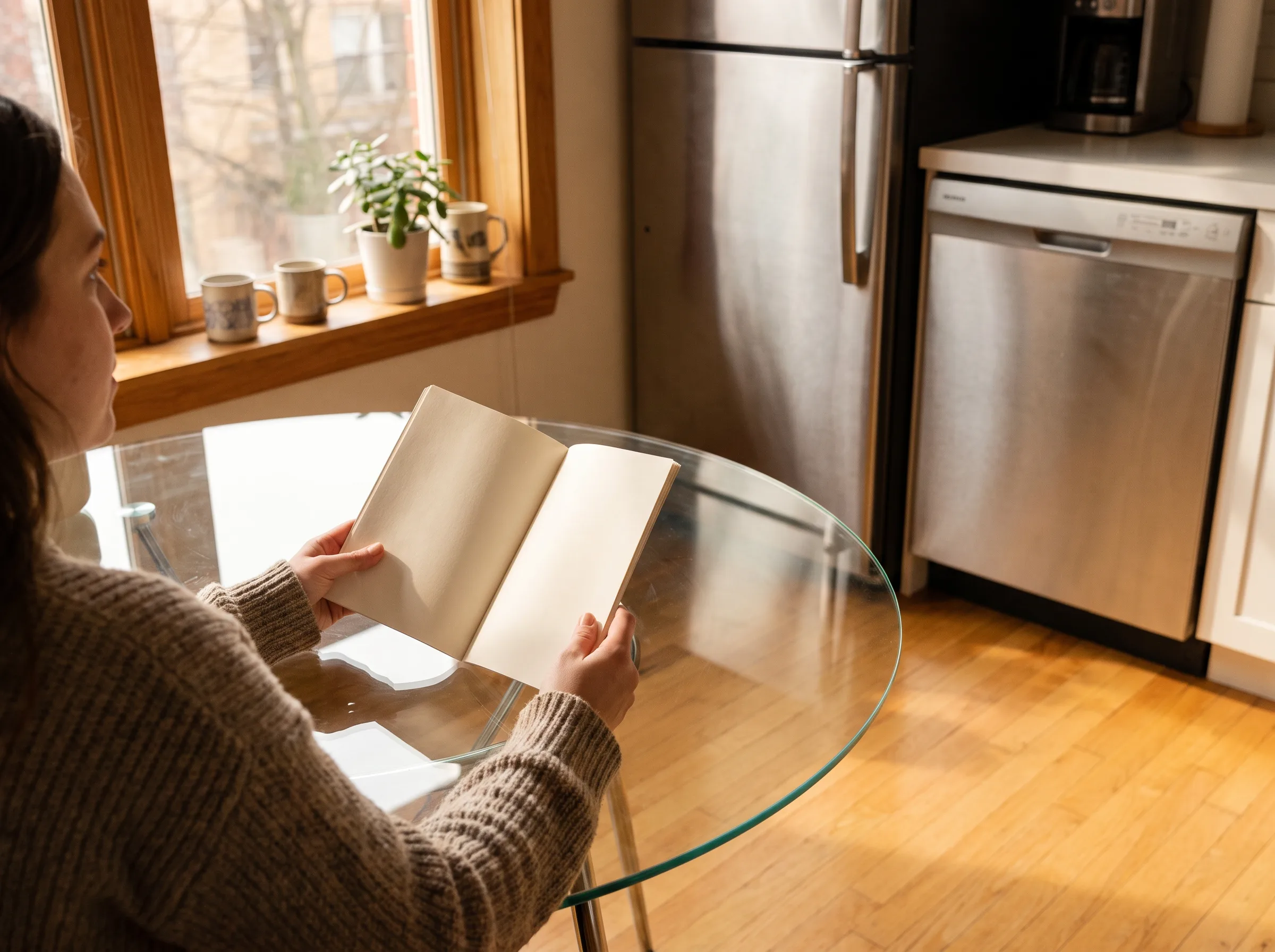 Person calmly reading an appliance manual